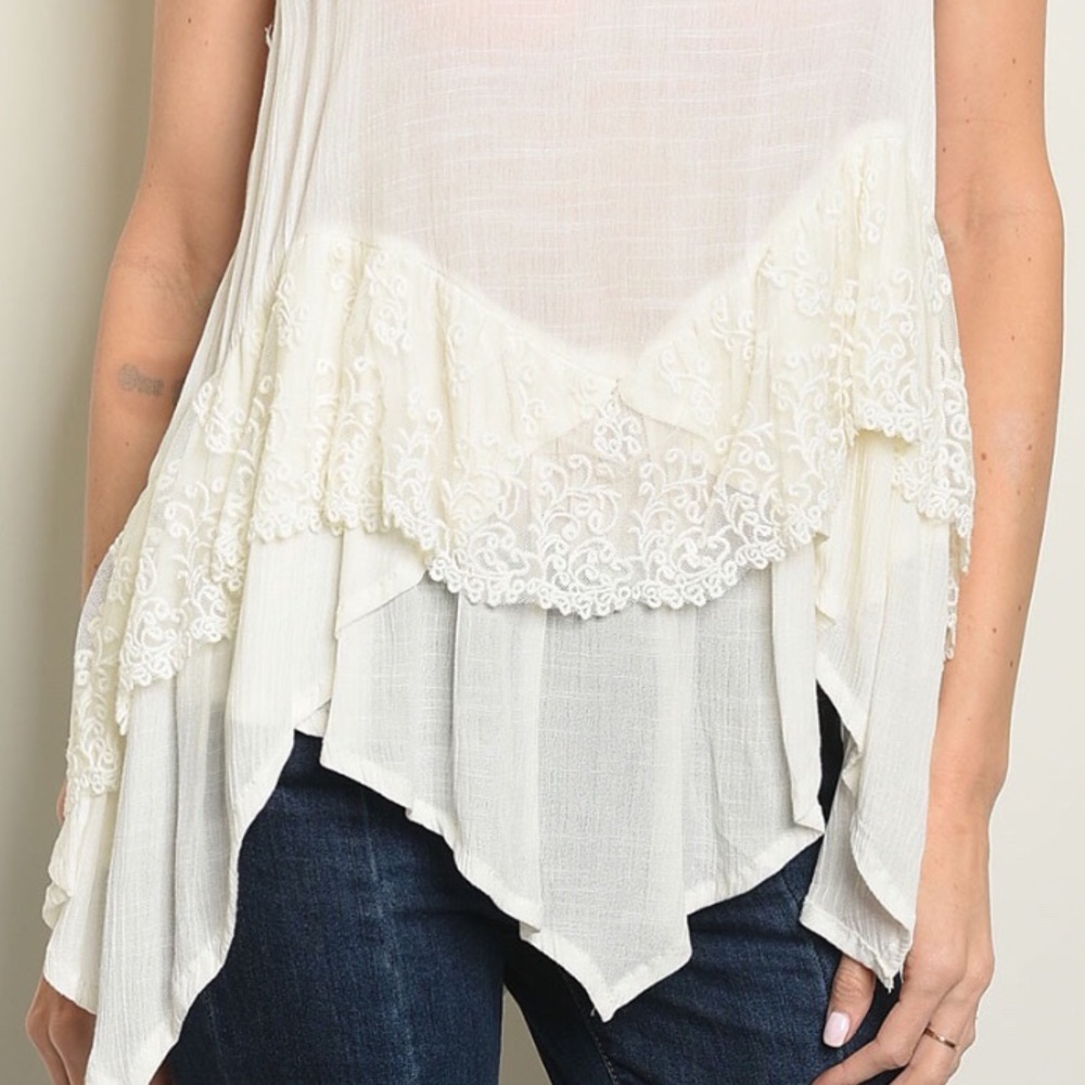 IVORY RUFFLED EDGING CROCHET LACE V-NECK TOP - Picture 2 of 7